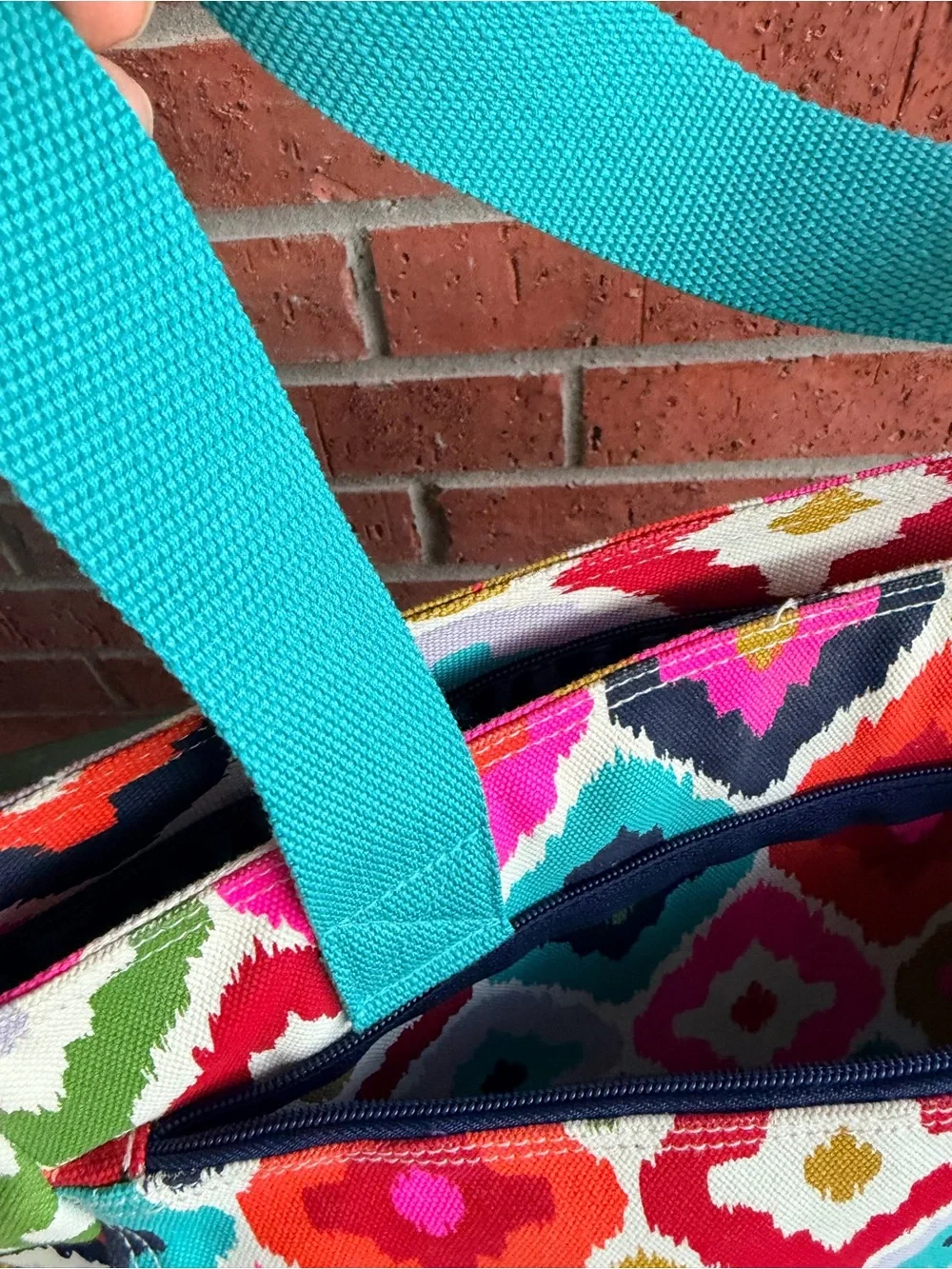 Vibrant Multi-Color Geometric Laptop Bag with Teal Handles Almost new